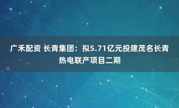 广禾配资 长青集团：拟5.71亿元投建茂名长青热电联产项目二期